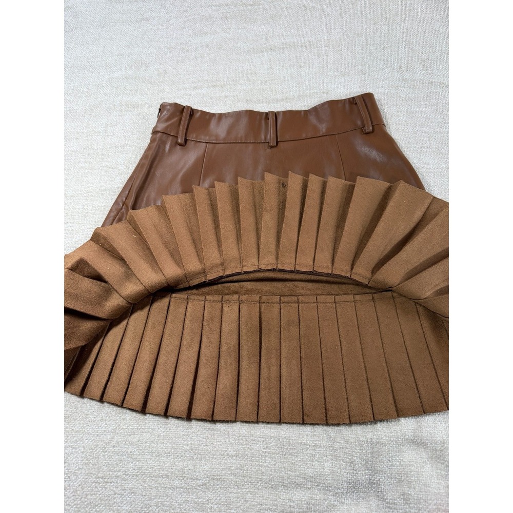 Zara Brown Pleated Tiered Mini Skirt Size S Cognac High Waisted Vegan Leather - Picture 3 of 13